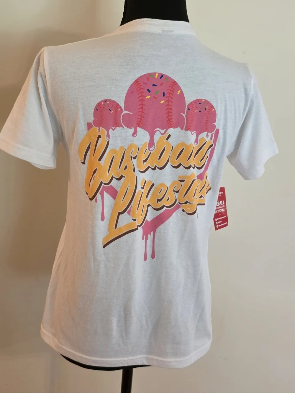 Girl's BASEBALL LIFESTYLE White Short Sleeve Tee w/ Pink & Yellow Logo (Size YL) - Picture 5 of 9